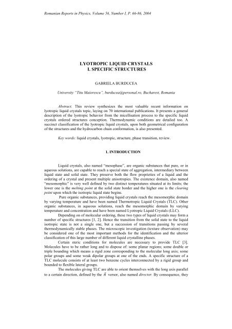 lyotropic liquid crystals i. specific structures - Romanian Reports in ...