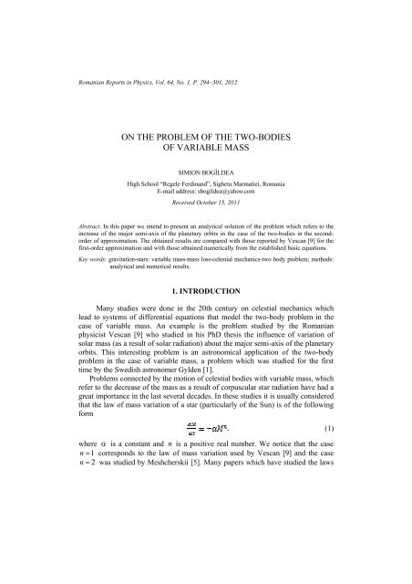 on the problem of the two-bodies of variable mass - Romanian ...