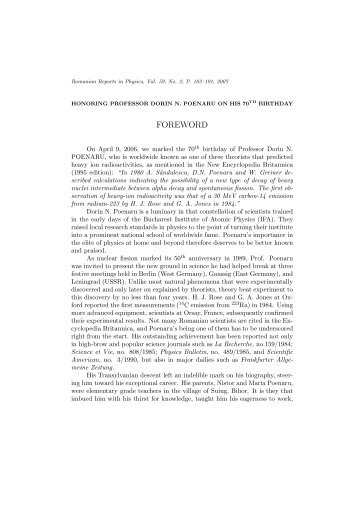 FOREWORD - Romanian Reports in Physics
