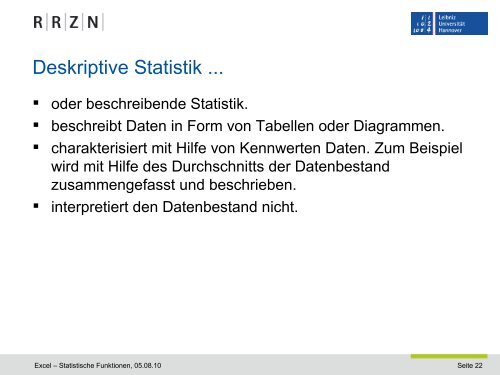 Excel und Statistikfunktionen - RRZN