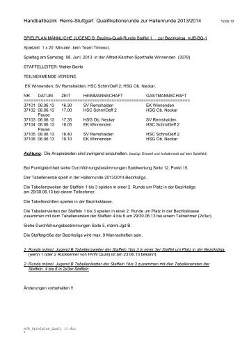 Handballbezirk Rems-Stuttgart Qualifikationsrunde zur Hallenrunde ...