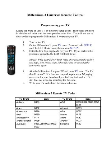 Remote Codes - Millennium 3 - BendBroadband