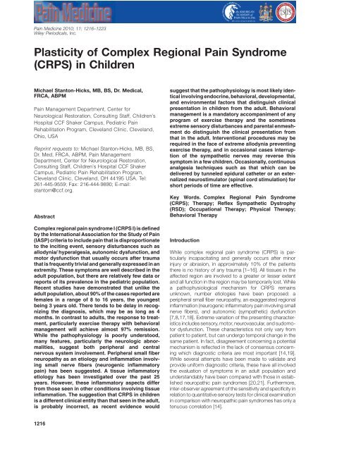 Plasticity of Complex Regional Pain Syndrome (CRPS) in Children