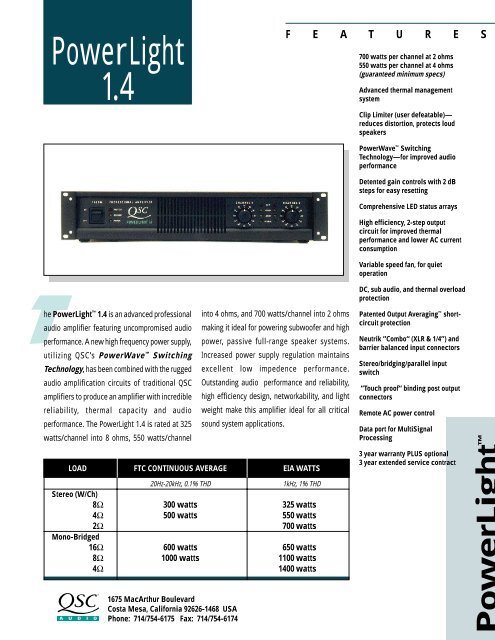 PowerLight 1.4 Specifications - QSC Audio Products