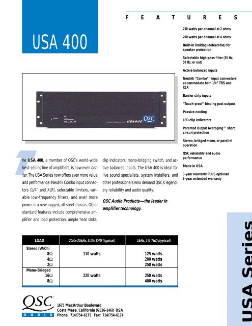 USA 400 Specifications - QSC Audio Products
