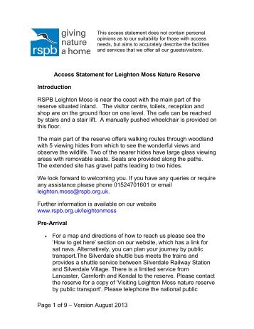 Access Statement for Leighton Moss Nature Reserve - RSPB