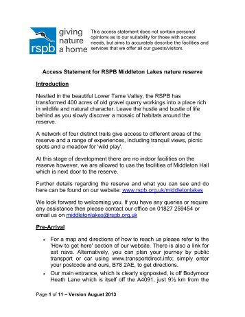 Access Statement for RSPB Middleton Lakes nature reserve