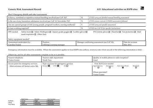 Generic Risk Assessment Record A15 Educational activities ... - RSPB