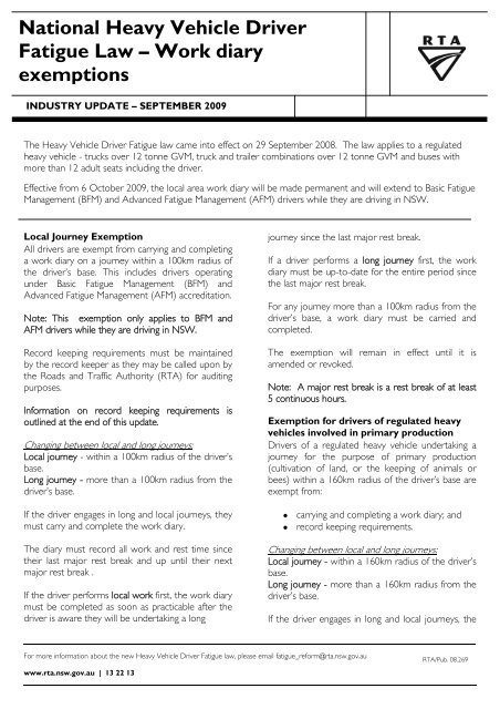 National Heavy Vehicle Driver Fatigue Law - Work diary ... - RTA