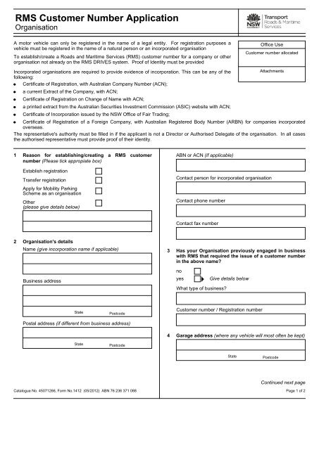 RMS Customer Number Application - - RTA