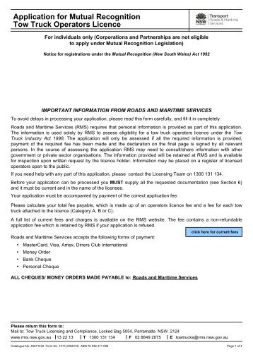 Application for Mutual Recognition Tow Truck Operators Licence - RTA