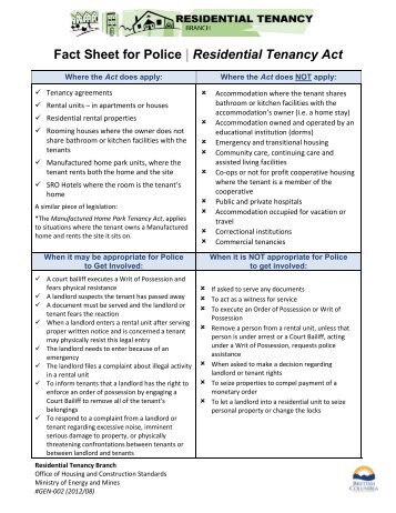 Fact Sheet for Police | Residential Tenancy Act