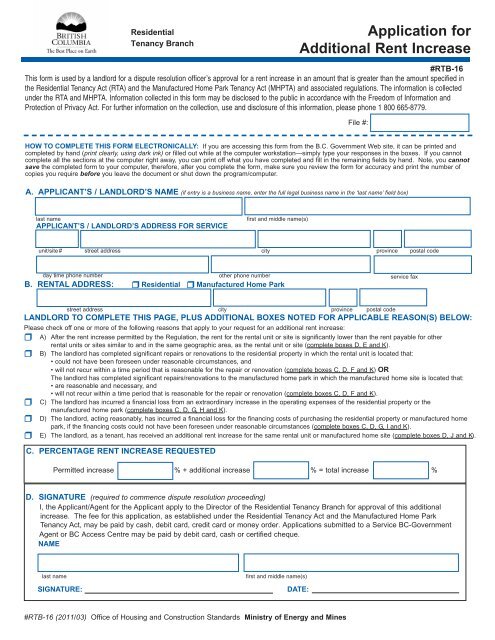 Application for Additional Rent Increase - Residential Tenancy Office