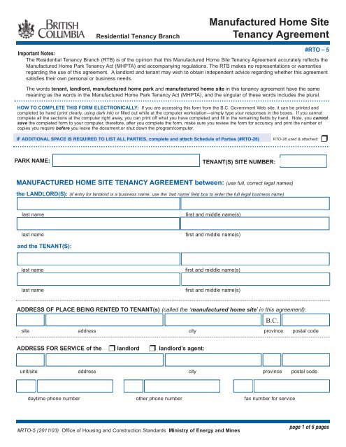 Manufactured Home Site Tenancy Agreement - RTO-5 - Residential ...