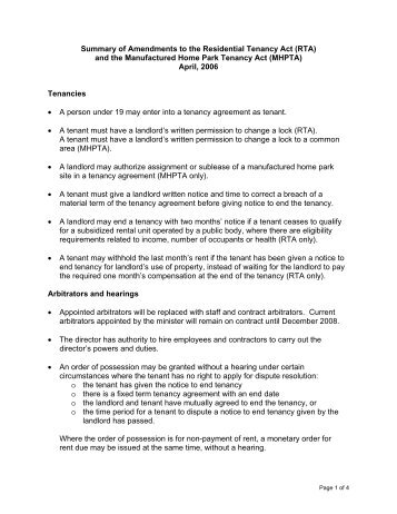 Amendments to the Residential Tenancy Act for Assisted