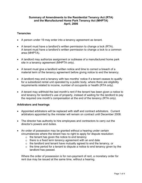 Amendments to the Residential Tenancy Act for Assisted