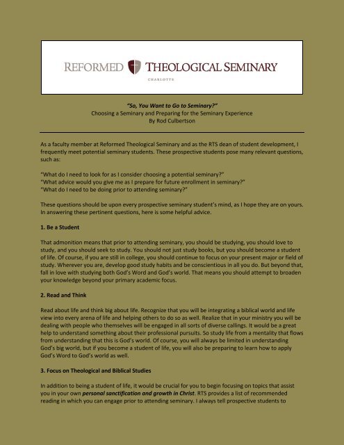 Choosing a Seminary - Reformed Theological Seminary