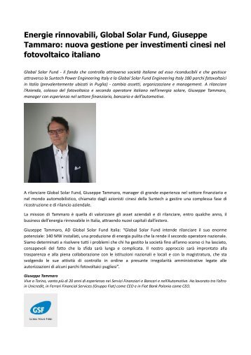 GSF Fotovoltaico, Giuseppe Tammaro Nuova Gestione Per Rilanciare Azienda