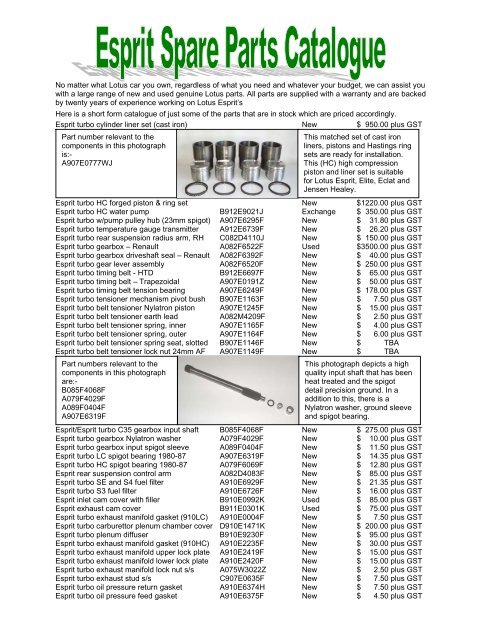 Lotus Esprit parts list - The Elan Factory