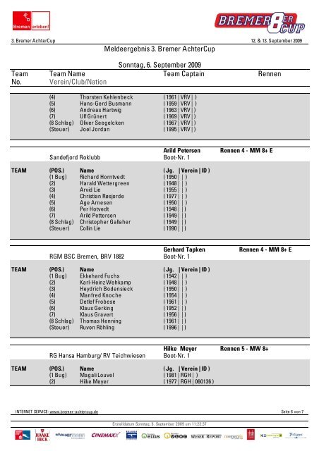 Meldeergebnis 3. Bremer AchterCup Sonntag, 6 ... - Rudern.de