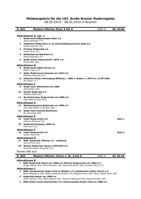 Meldeergebnis fÃ¼r die 103. GroÃe Bremer Ruderregatta ... - Rudern.de