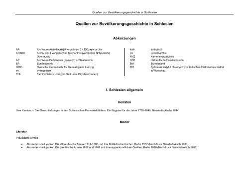 Quellen zur Bevölkerungsgeschichte in Schlesien