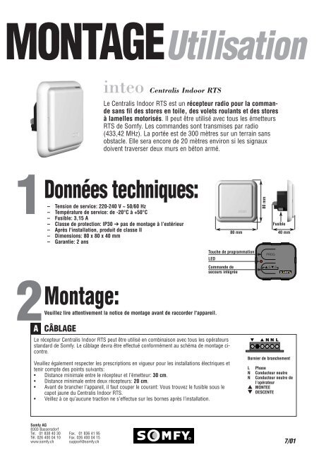 Mode d'utilisation recepteur Ã  radio Somfy RTS Indoor