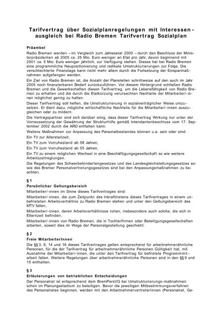 Der Sozialplan Radio Bremen Als Pdf Rundfunkfreiheit De
