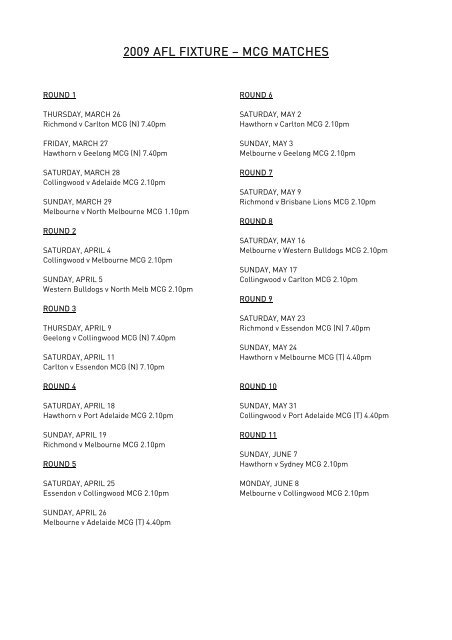 2009 AFL FIXTURE â MCG MATCHES