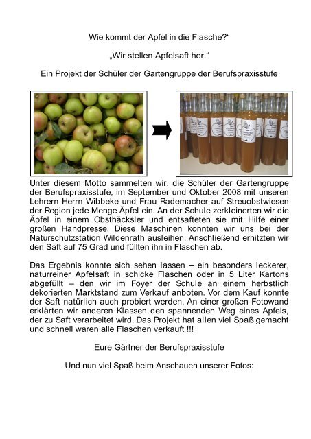 Wie kommt der Apfel in die Flasche?â€œ â€žWir stellen ... - Rurtal-Schule