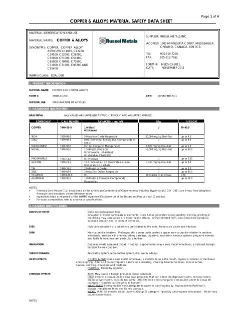 MSDS - Copper and Alloys - Russel Metals, Inc.