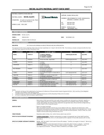 nickel alloys material safety data sheet - Russel Metals, Inc.