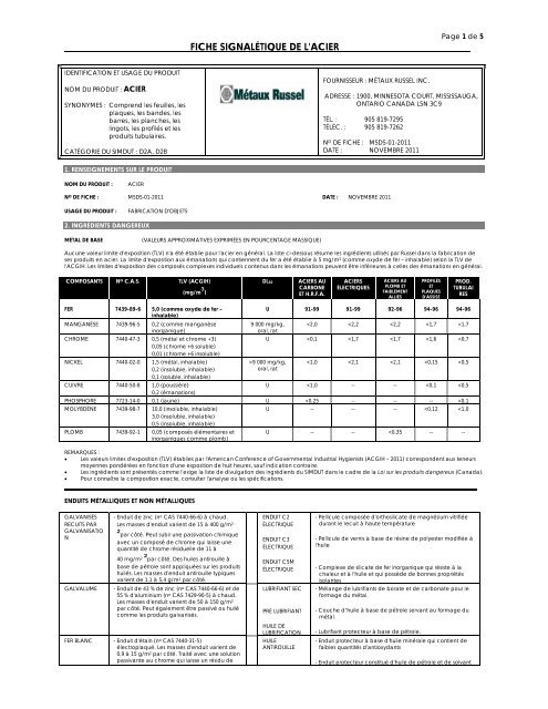 FICHE SIGNALÃTIQUE DE L'ACIER - Russel Metals, Inc.