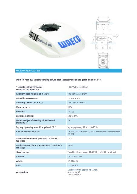 WAECO CoolAir CA-1000 Dakunit voor 230 volt ... - r.van laere