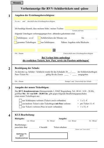 Verlustanzeige fÃ¼r RVV-SchÃ¼lertickets und -pÃ¤sse