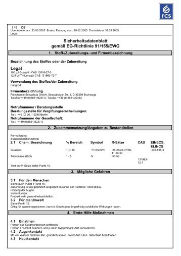 Sicherheitsdatenblatt gemÃ¤Ã EG-Richtlinie 91/155/EWG Legat