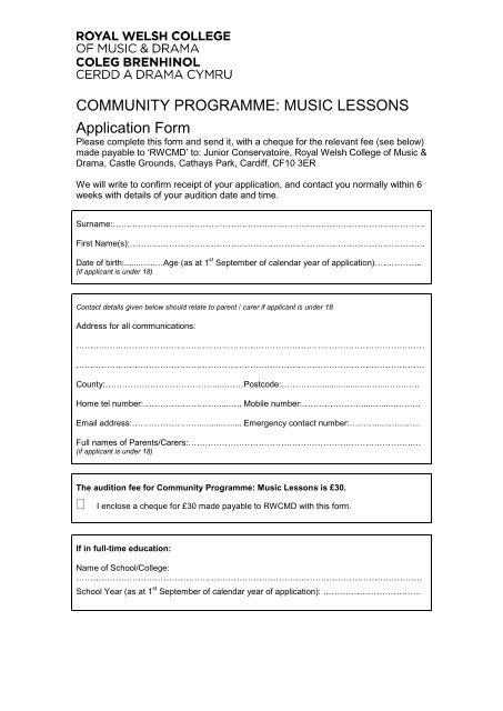 APPLICATION FORM - Royal Welsh College of Music & Drama