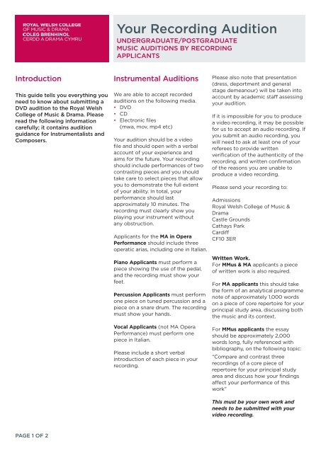 Your Recording Audition - Royal Welsh College of Music & Drama