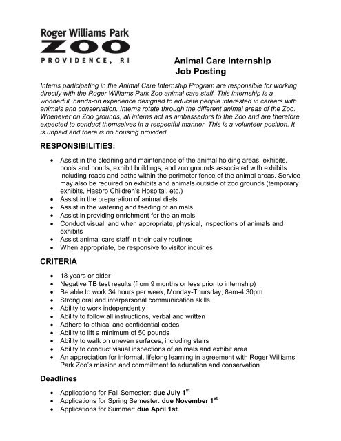 Job Description and Application - Roger Williams Park Zoo