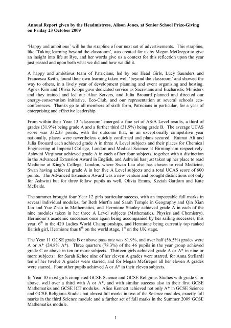 1 Annual Report given by the Headmistress, Alison ... - Rye St Antony