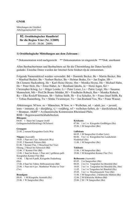 Ornithologischer Rundbrief Trier Nr. 82 - Birdnet-RLP.de