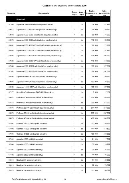 OASE kerti tó / tótechnika termék árlista 2010 - Bíró-Kert Kft.