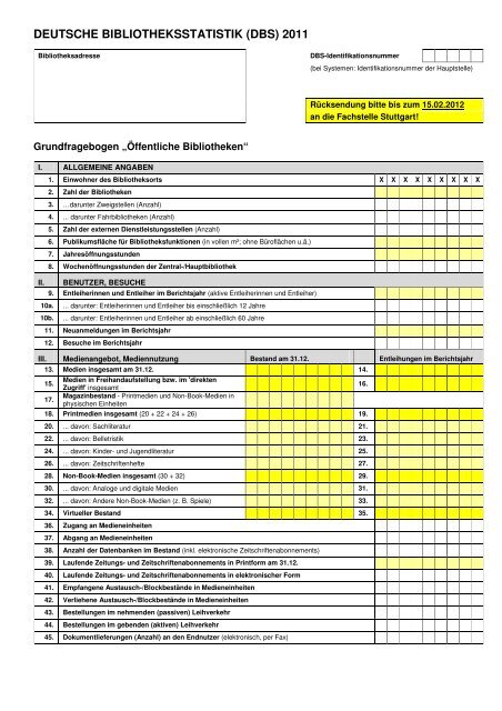 deutsche bibliotheksstatistik (dbs) 2011 - Fachstelle fÃ¼r das ...