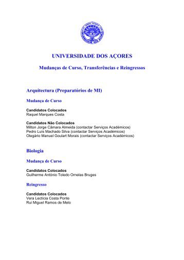 UNIVERSIDADE DOS AÃORES MudanÃ§as de Curso ...