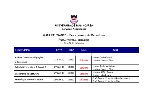 UNIVERSIDADE DOS AÃORES ServiÃ§os AcadÃ©micos MAPA DE ...