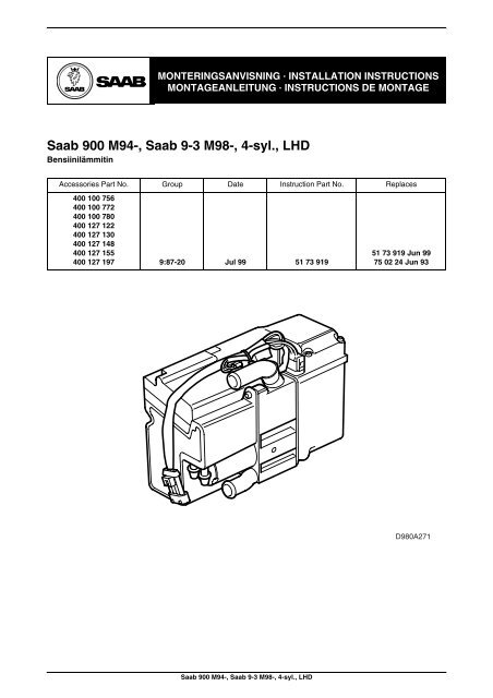 Saab 900 M94-, Saab 9-3 M98-, 4-syl., LHD - SaabDocs.com