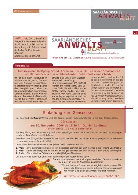 ANWALTS Ausgabe 32006 - SAV SaarlÃ¤ndischer Anwaltverein