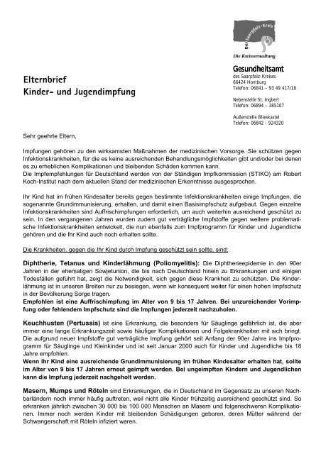 Elternbrief Kinder- und Jugendimpfung - Saarpfalz-Kreis