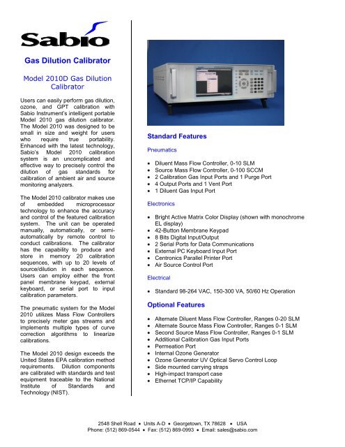 Model 2010D Gas Dilution Calibrator - Sabio Instruments