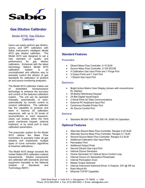 Model 4010 Gas Dilution Calibrator - Sabio Instruments